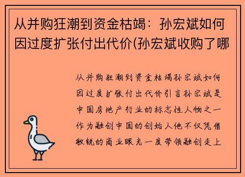 从并购狂潮到资金枯竭：孙宏斌如何因过度扩张付出代价(孙宏斌收购了哪些)