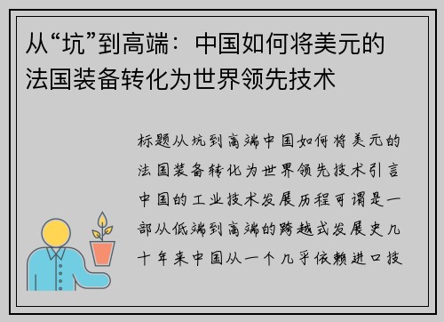 从“坑”到高端：中国如何将美元的法国装备转化为世界领先技术