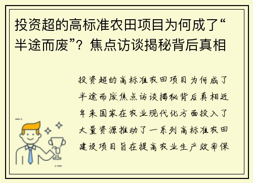 投资超的高标准农田项目为何成了“半途而废”？焦点访谈揭秘背后真相
