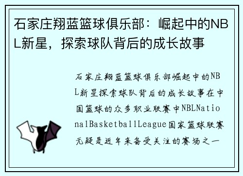 石家庄翔蓝篮球俱乐部：崛起中的NBL新星，探索球队背后的成长故事