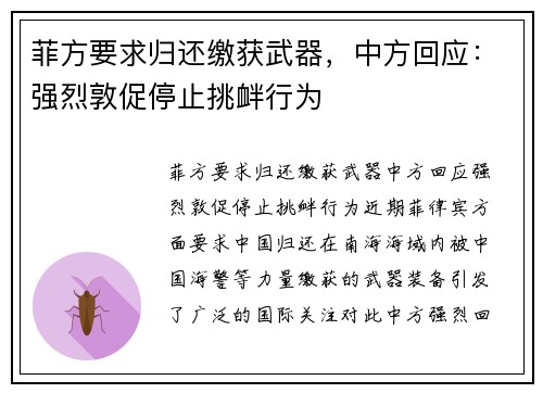 菲方要求归还缴获武器，中方回应：强烈敦促停止挑衅行为