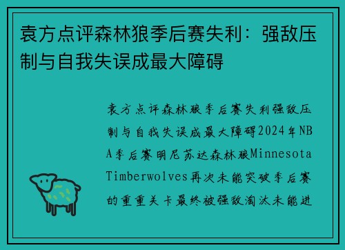袁方点评森林狼季后赛失利：强敌压制与自我失误成最大障碍