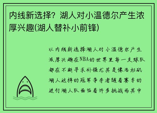 内线新选择？湖人对小温德尔产生浓厚兴趣(湖人替补小前锋)
