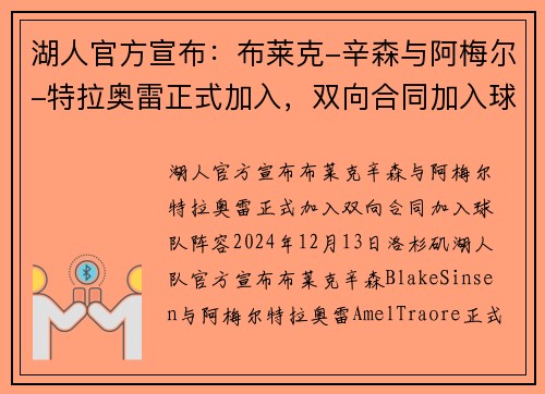 湖人官方宣布：布莱克-辛森与阿梅尔-特拉奥雷正式加入，双向合同加入球队阵容