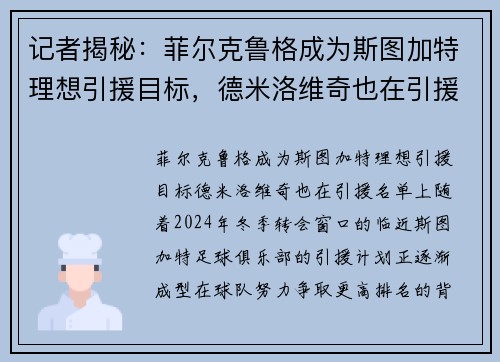 记者揭秘：菲尔克鲁格成为斯图加特理想引援目标，德米洛维奇也在引援名单上